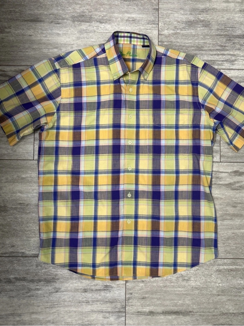 Alan Flusser M Short Sleeve Button Down Plaid Shirt